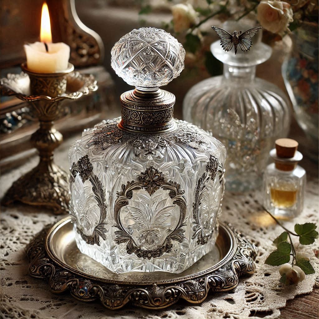 Ornate crystal perfume bottle with silver detailing on vintage tray with candle