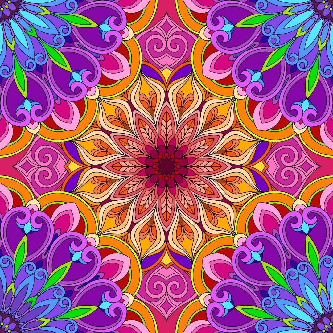 Colorful symmetrical mandala with floral petals in orange, red, purple, pink and green