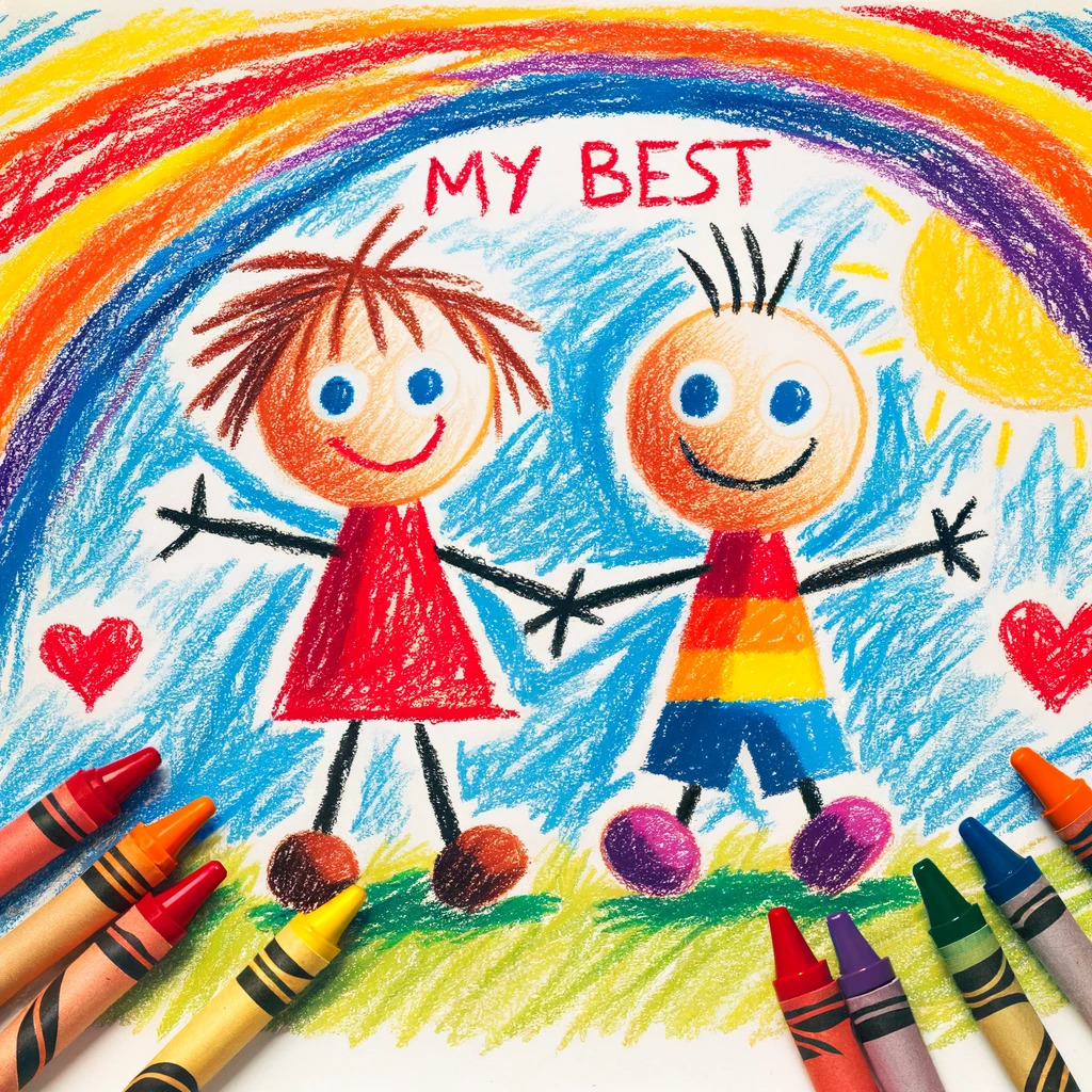 Colorful crayon drawing of two smiling children holding hands with hearts, sun, and crayons
