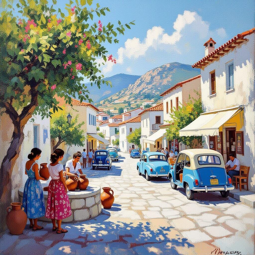 Painted Greek village street with vintage cars, white buildings, mountain backdrop, people socializing in sunny plaza