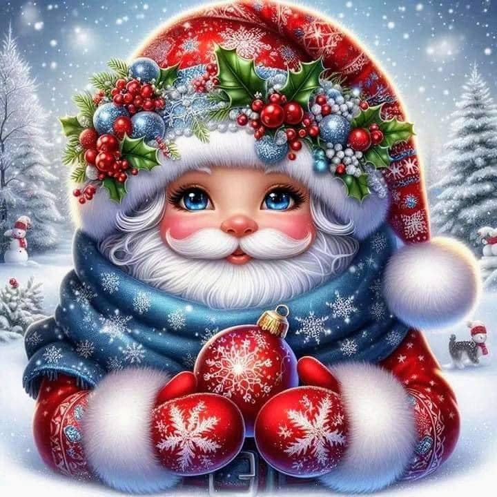 Illustrated Santa Claus in snow holding red Christmas ornaments with holly on his hat