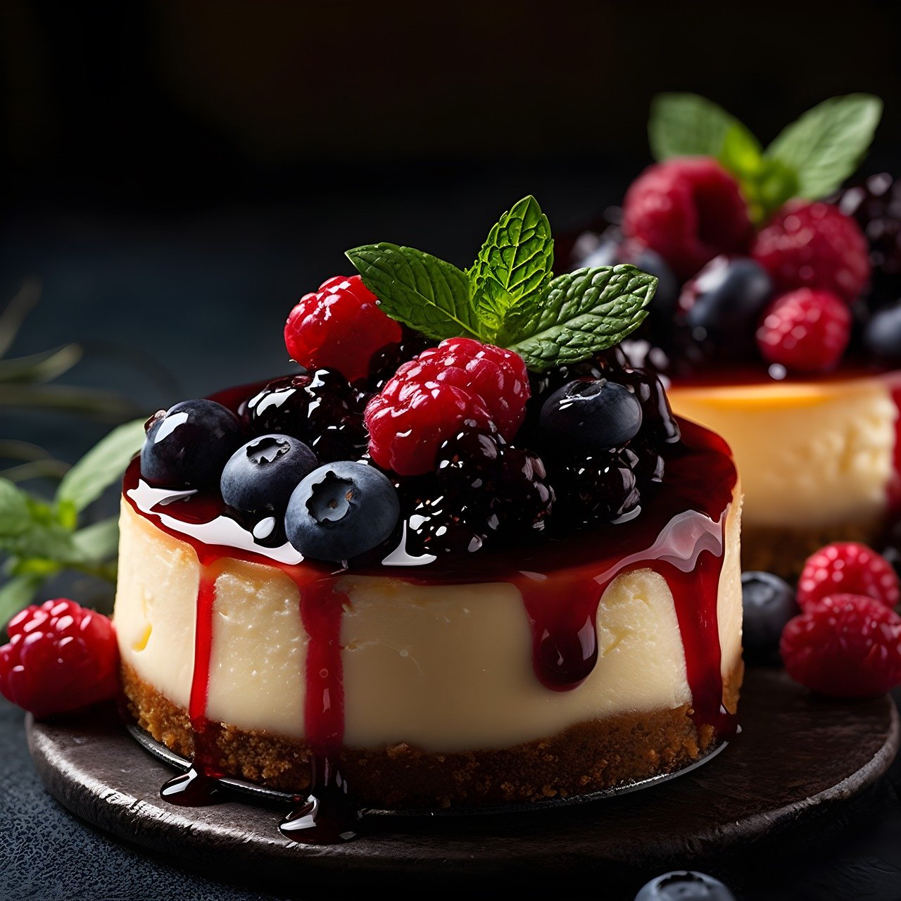 Mini cheesecake with mixed berries and mint on dark plate