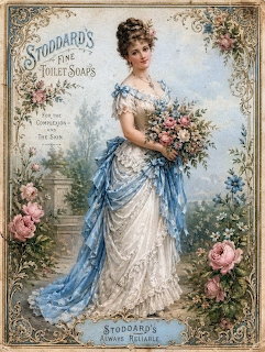 Vintage ad with a Victorian woman in a blue and white dress holding flowers in an ornate floral frame