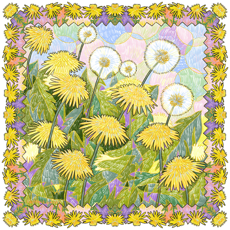 Illustrated dandelions with yellow blooms, white seed heads, green leaves, and a floral border