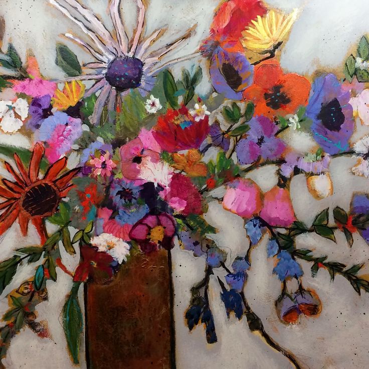 Impressionist painting of colorful flowers in a brown vase with vibrant pink, orange, purple, and yellow blooms