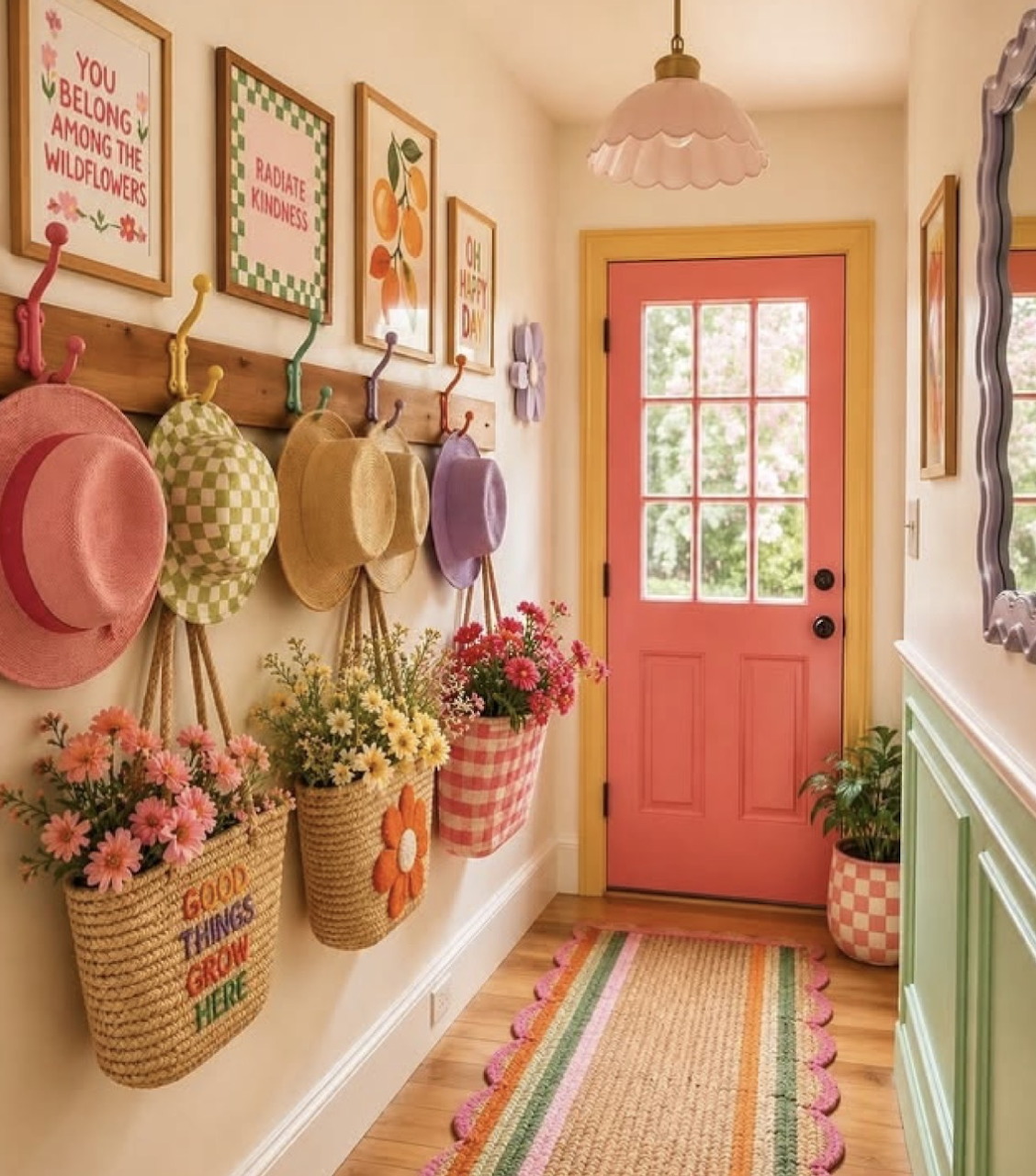 Bright cottage hallway with pink door, flower baskets, hanging hats, framed prints, and colorful striped rug