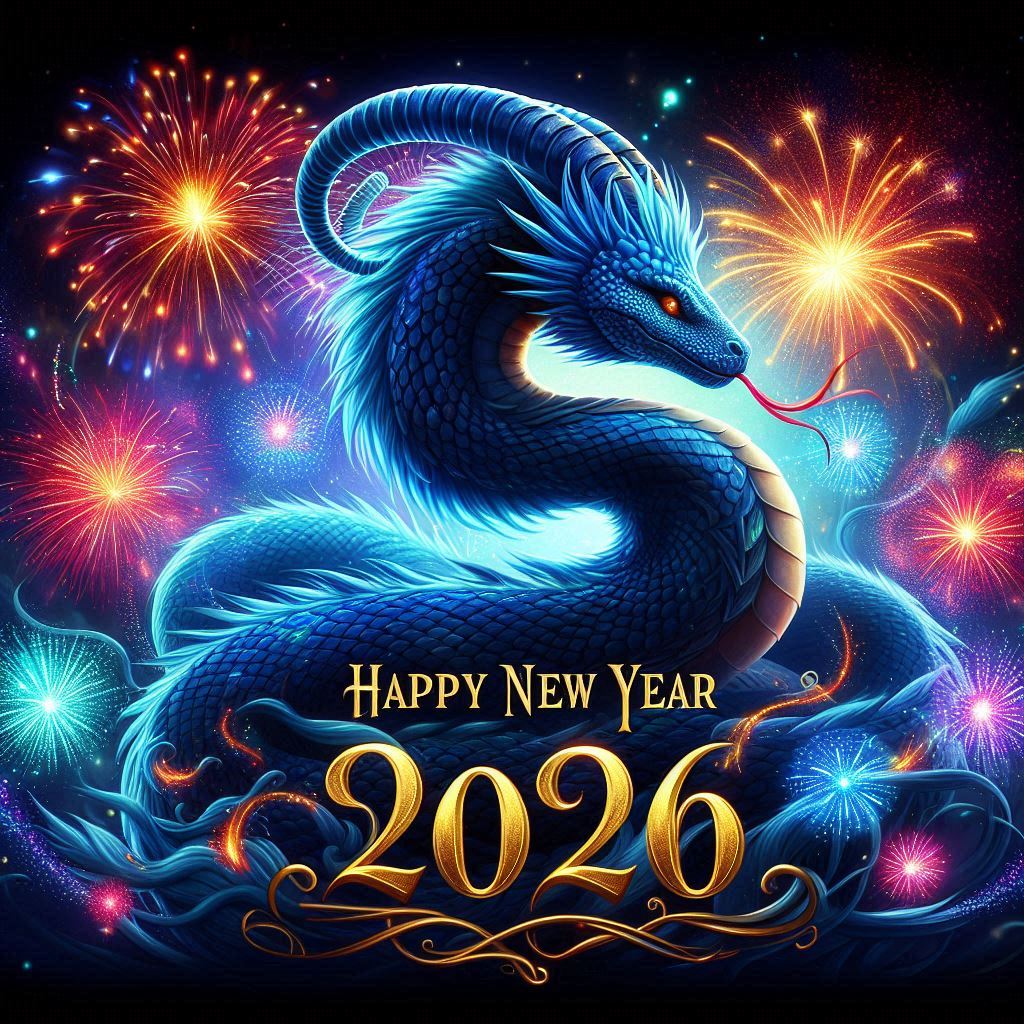 Blue dragon with Happy New Year 2026 text and colorful fireworks