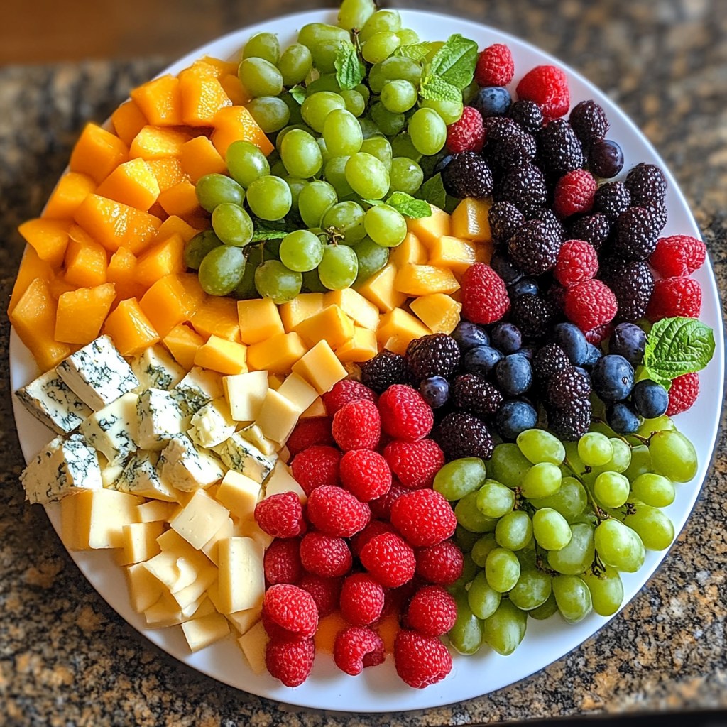 Circular platter with colorful fruits and cheese arranged in sections including grapes, berries, melon, and cheese cubes