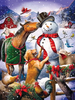 Snowman with dogs and horse in festive winter farm scene with red barns, gifts, and snow