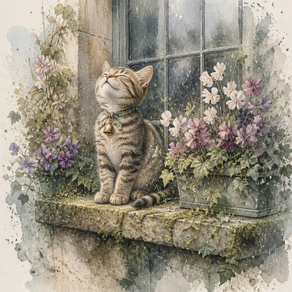 Watercolor painting of a tabby cat on a stone windowsill with flowers beside an old window