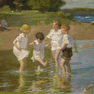 Impressionist painting of children wading in shallow water on a sunny summer day, by Edward Potthast, 1914.