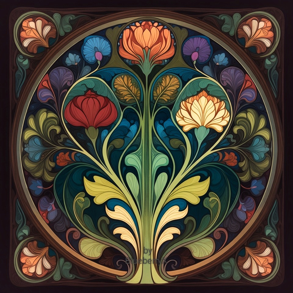 Symmetrical floral mandala with colorful lotus flowers and foliage in decorative art nouveau style