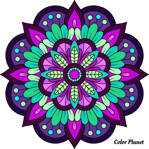 Symmetrical mandala with turquoise and magenta petals in floral pattern on dark purple background