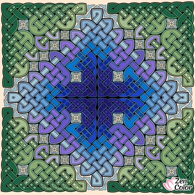 Symmetrical Celtic knot mandala in green, blue, and purple with ornate corner designs