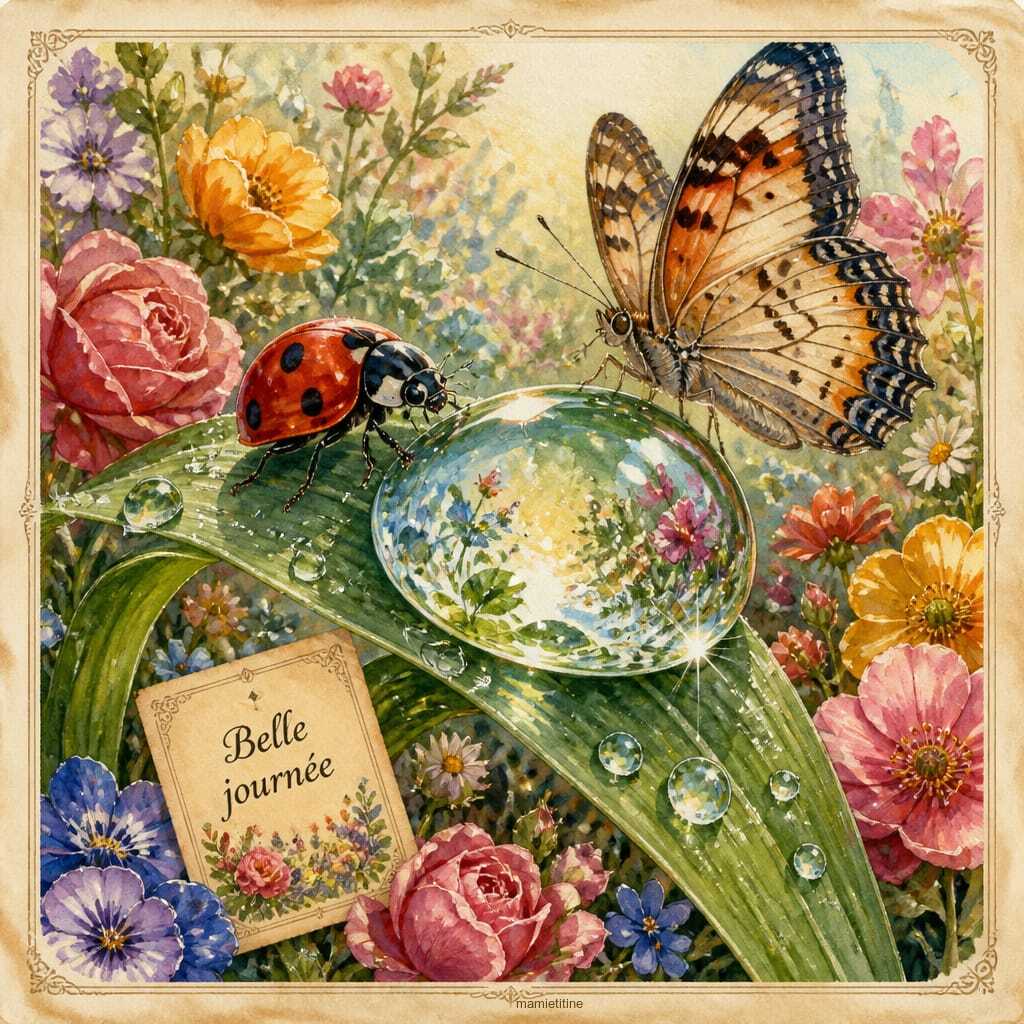 Illustrated butterfly and ladybug on a leaf with a large dewdrop surrounded by colorful flowers