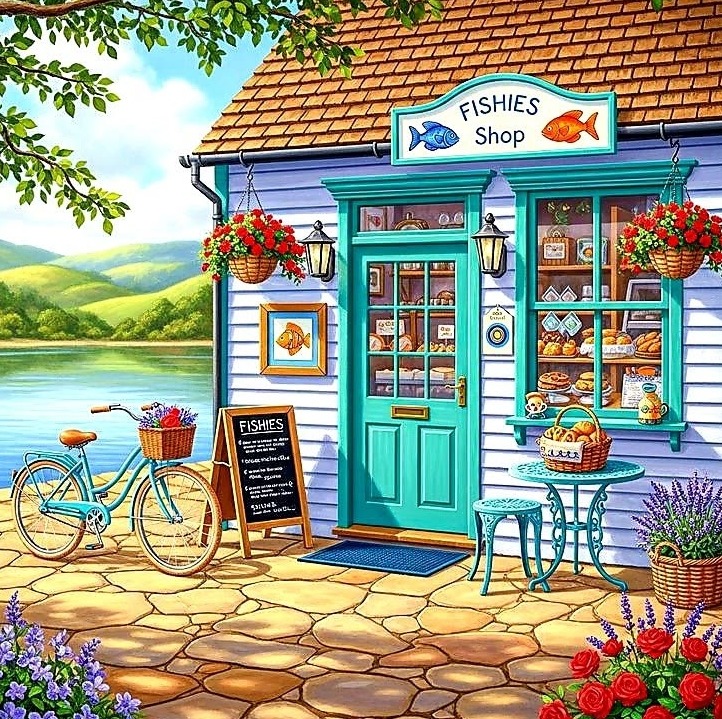 Turquoise fish shop storefront with hanging flowers and bicycle by a lake