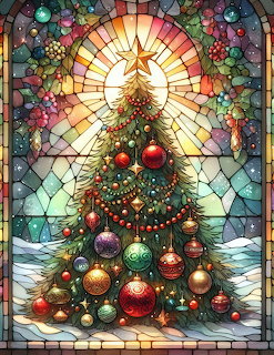 Christmas tree with ornaments in front of colorful stained glass window with star pattern