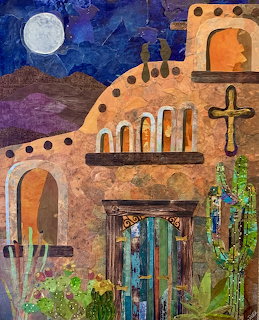 Textured painting of adobe church with arched doorway, cross, and night sky