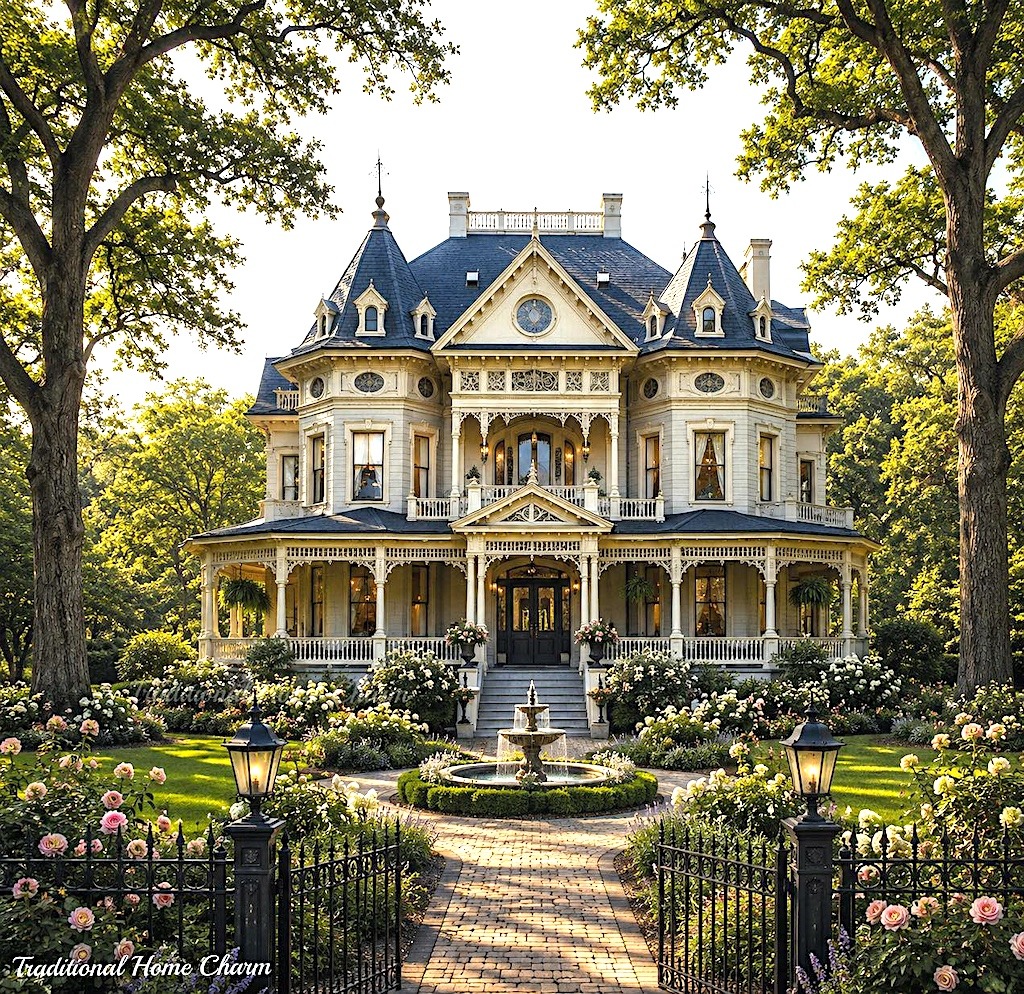 Grand Victorian mansion with turrets, ornate porch, and formal garden surrounded by trees