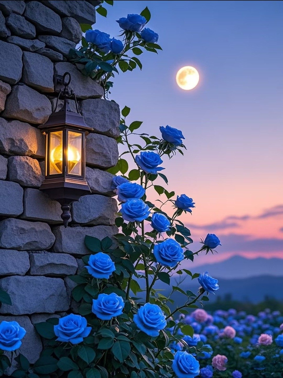 Blue roses growing along a stone wall with a lit lantern and full moon at twilight