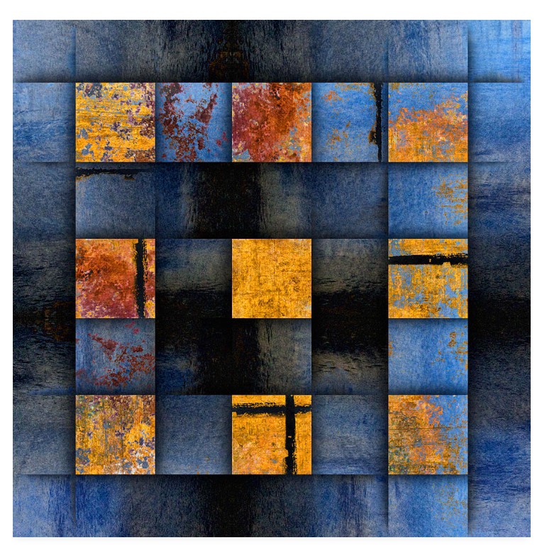Abstract geometric image of blue and orange textured squares in a grid