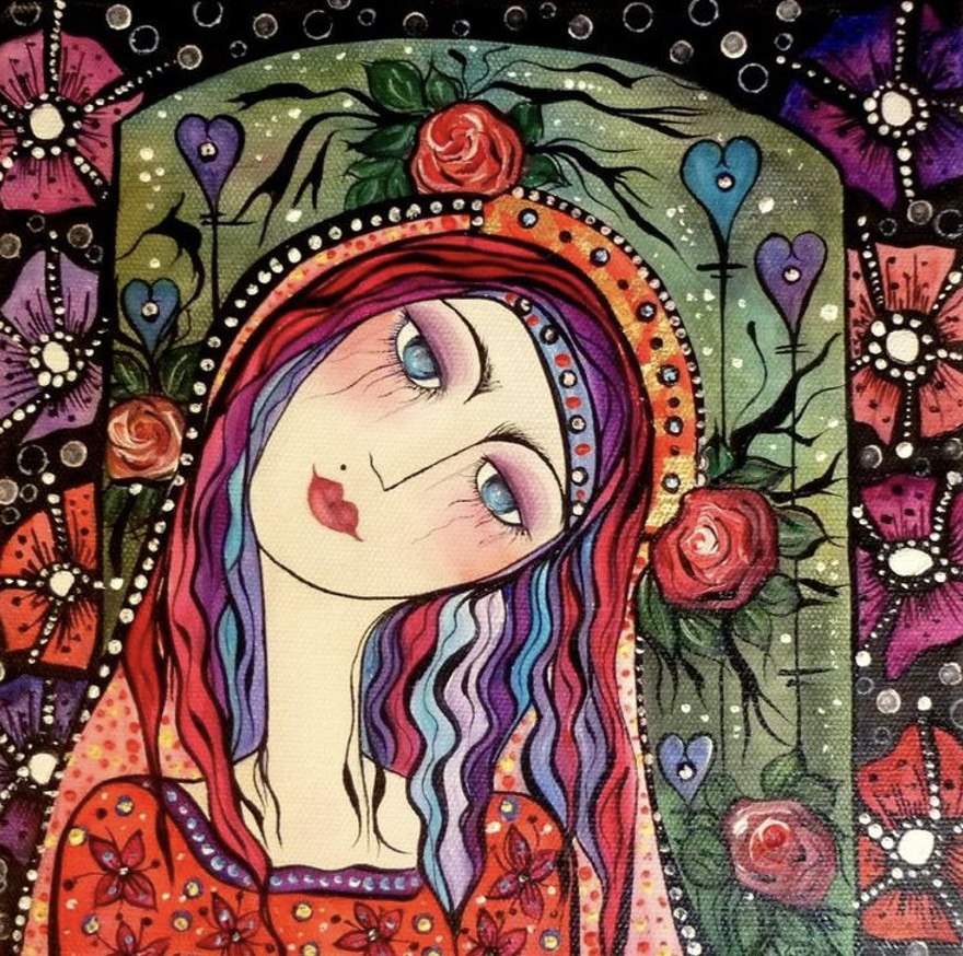Illustrated woman with long wavy hair tilting her head, surrounded by flowers and geometric patterns in rich colors