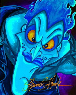 Digital painting of Disney villain Hades with blue skin, flaming blue hair, and glowing yellow eyes