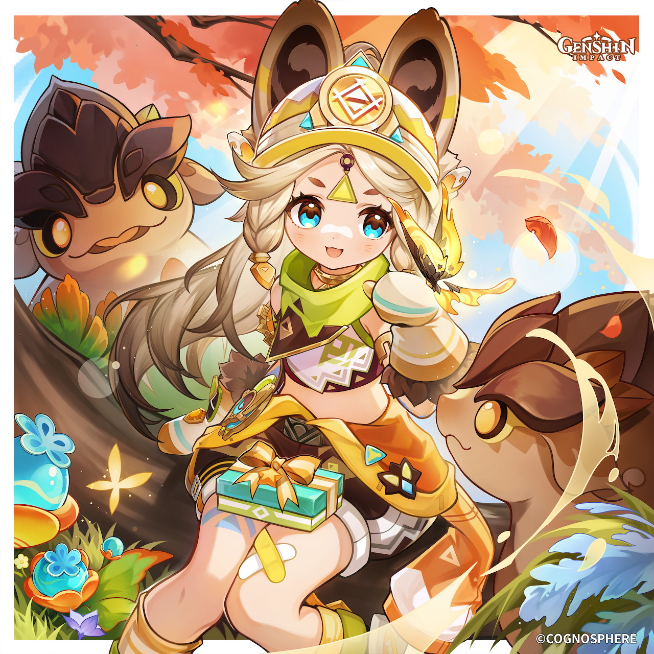 Anime girl Kachina with blonde hair and yellow outfit surrounded by cute fantasy creatures and fall leaves