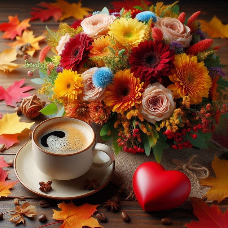 Vibrant autumn bouquet with coffee cup and red heart decoration on scattered fall leaves