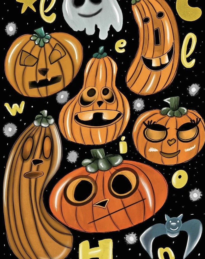 Cartoon pumpkins with silly faces, ghosts, stars and moons on black background