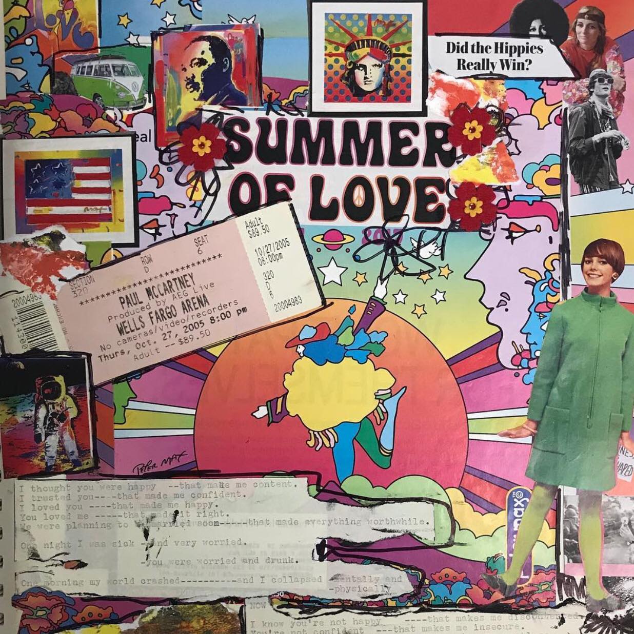 Colorful collage with Summer of Love text, peace sign, vintage photos, ticket stub, and 1960s memorabilia