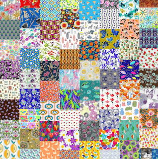 Grid of diverse colorful fabric patterns in patchwork quilt arrangement