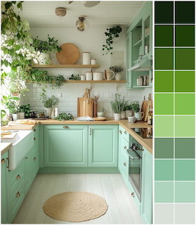 Bright kitchen with mint green cabinets, wooden countertops, and many green houseplants on open shelves