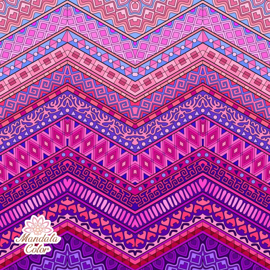 Colorful chevron pattern with intricate pink and purple geometric doodles and tribal motifs