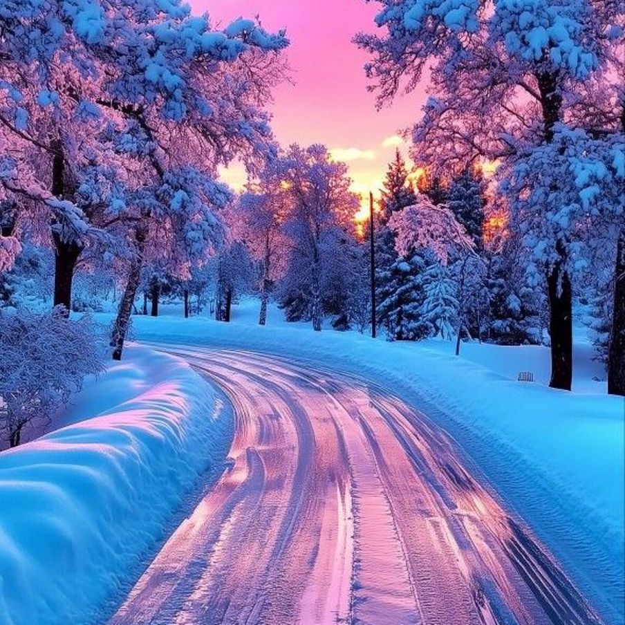 Snowy road curving through frosted trees in pink and blue winter sunset light