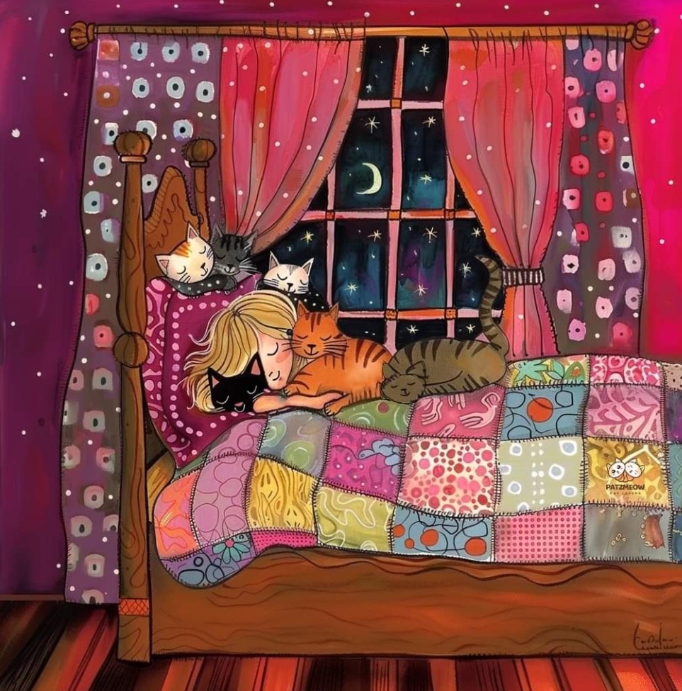 Illustration of girl reading book in bed with orange cat under patchwork quilt by window showing moon and stars