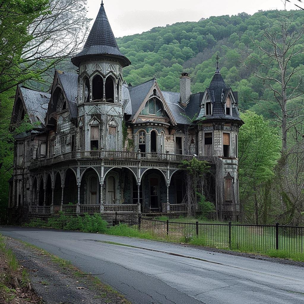 Abandoned Victorian house beside a road with forested hills in the background