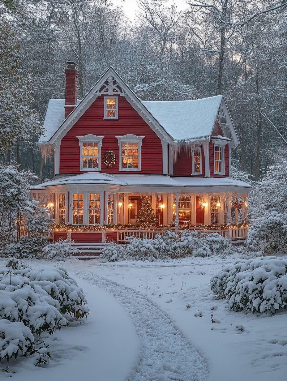 Red house with white trim and wraparound porch lit with Christmas lights in a snowy winter scene