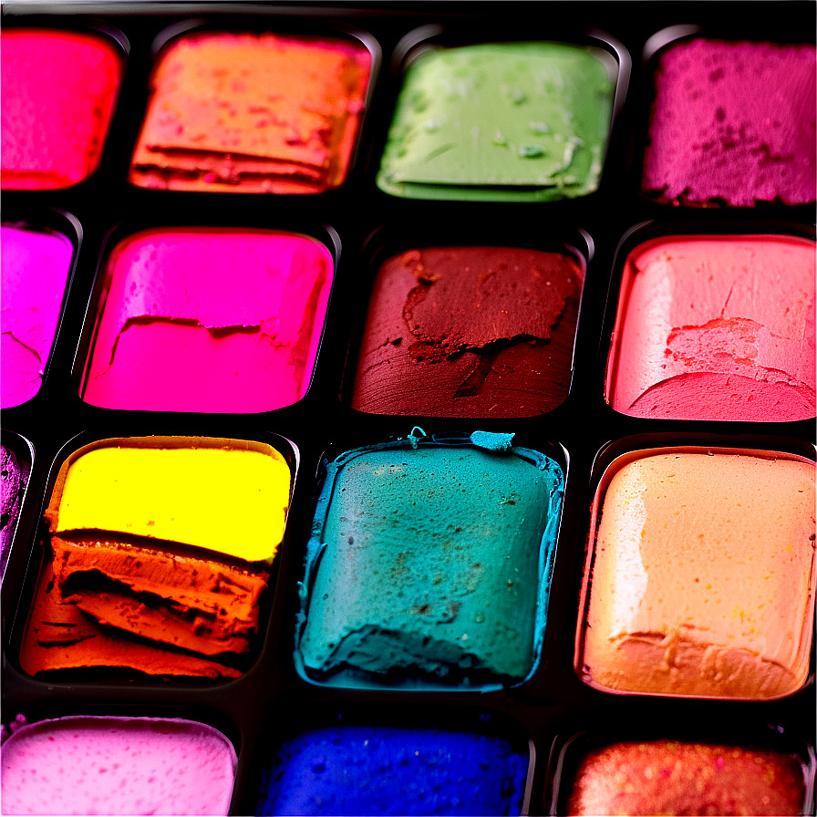 Close-up of a colorful paint palette with bright paint pans in multiple vivid shades