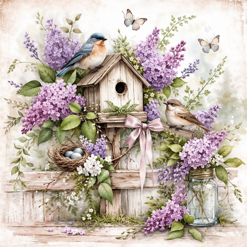Rustic birdhouse with lilac flowers, two birds, butterflies, a nest, and a glass jar