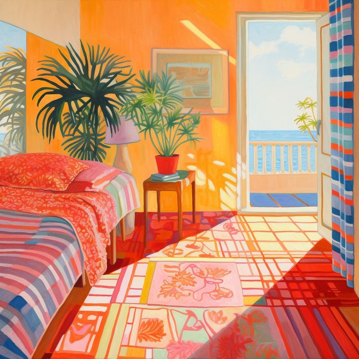 Bright illustrated bedroom with orange walls, striped bedding, tropical plants, patterned tile floor, and balcony ocean view