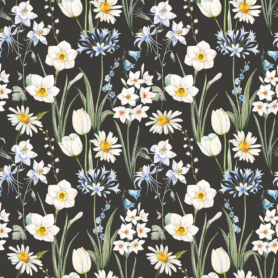 Repeating pattern of white and yellow spring flowers including daffodils, daisies, and tulips on dark background