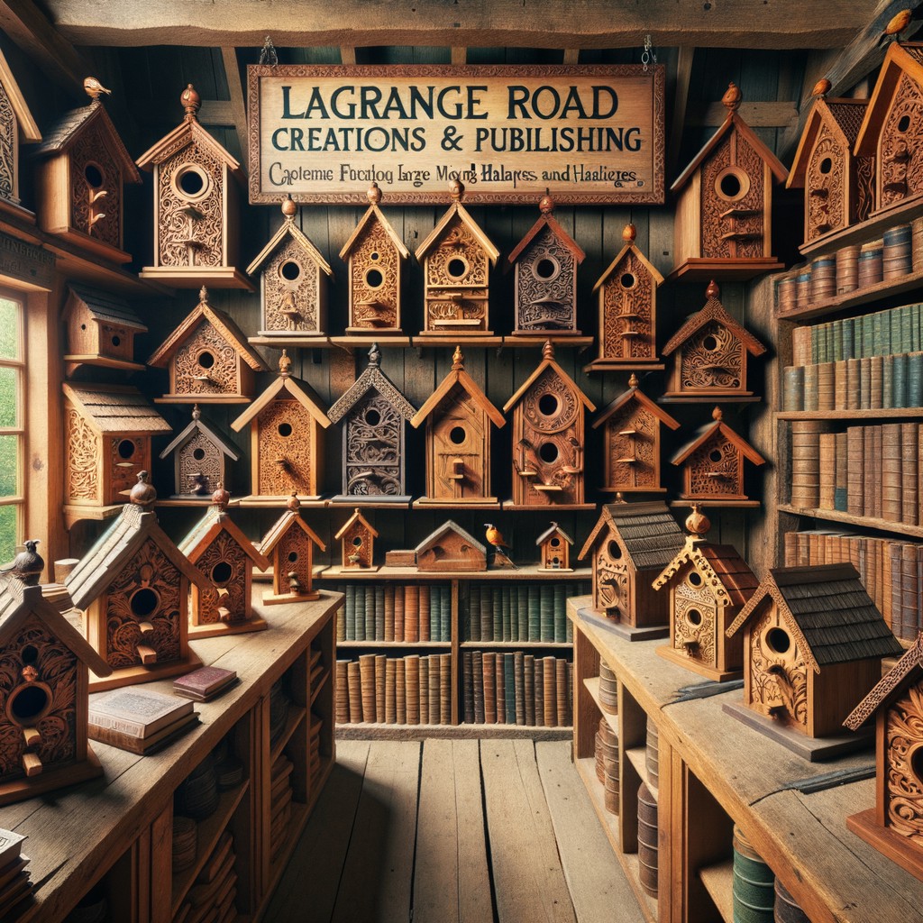 Rustic workshop filled with decorative wooden birdhouses on display shelves alongside vintage books