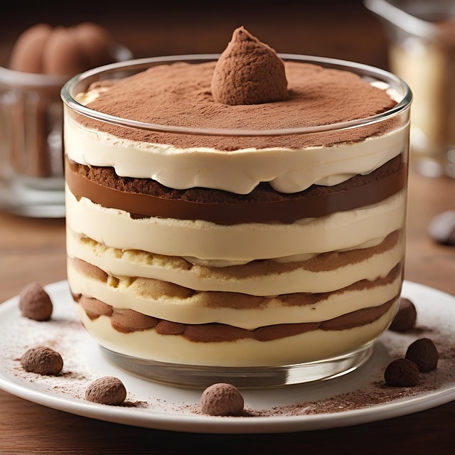 Tiramisu dessert in glass with layered cream, cocoa, and chocolate truffle garnish
