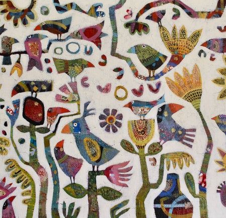 Colorful folk art illustration of whimsical birds on branches with decorative flowers on white background