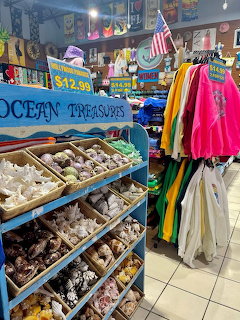 Souvenir shop display with seashell bins, colorful T-shirts, and beach items inside a store