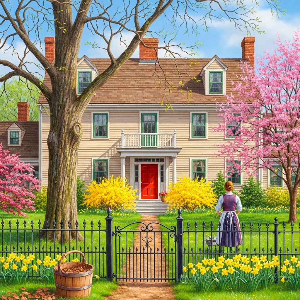 Pink colonial house with spring garden, flowering trees, woman and child at gate