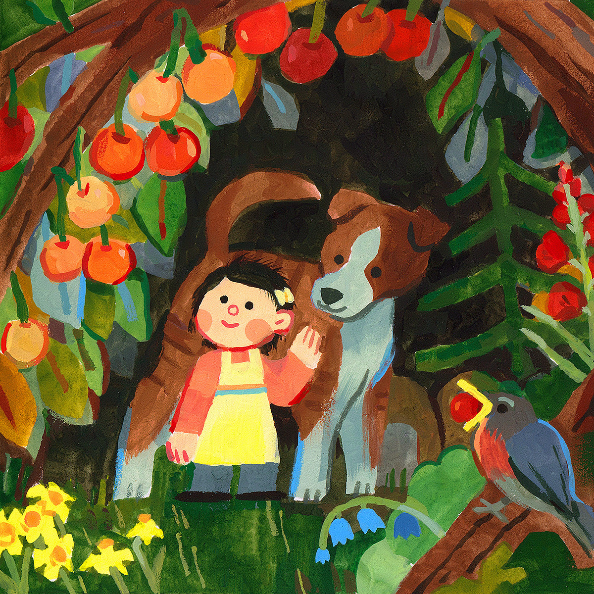 Painting of a girl with a rabbit under an orange tree with flowers and a bird