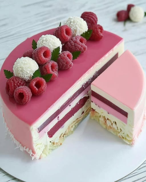 Layered pink raspberry mousse cake with mirror glaze topped with raspberries and coconut balls, slice removed