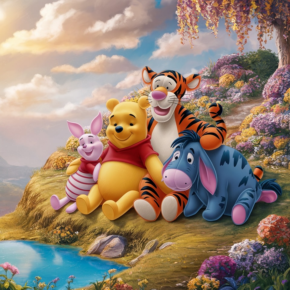 Winnie the Pooh and friends sitting on a flowery hillside with clouds and sunset sky